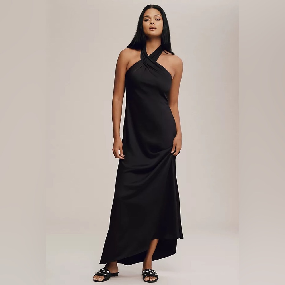 BHLDN Ruby Twist Halter Satin Gown in Black